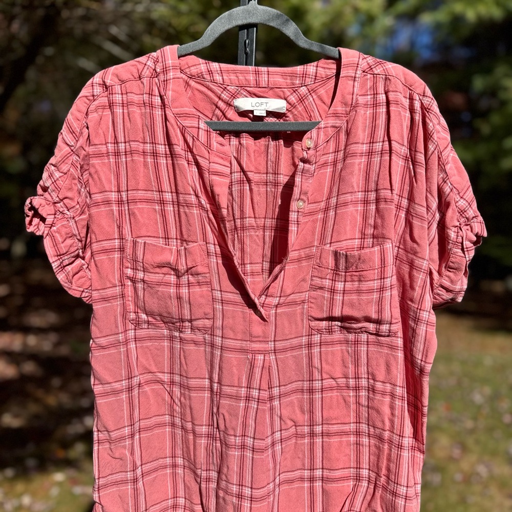 LOFT Pink Plaid Short-Sleeve Button V-Neck Blouse